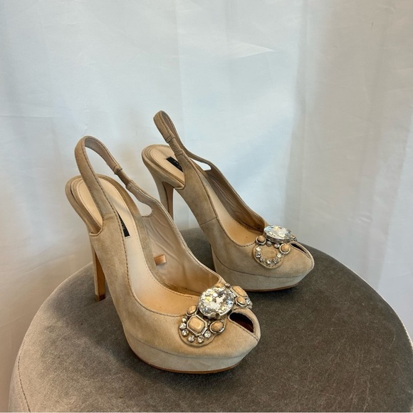 Zara beige tan brown suede gem jewelled embellished peep toe platform high heels - Picture 3 of 9